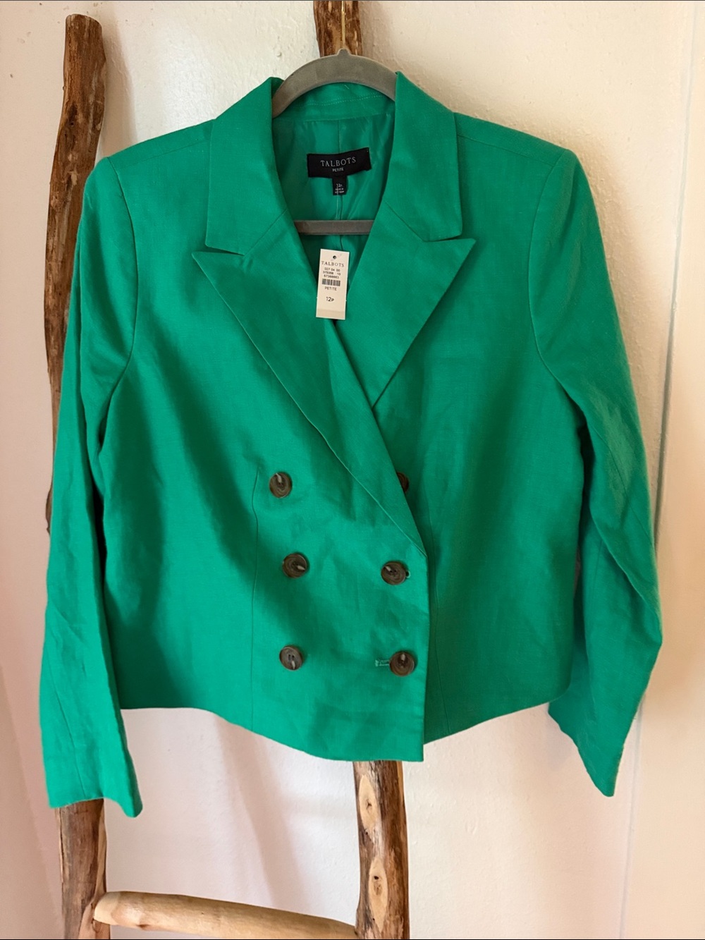 Talbots NWT Emerald Green Double-Breasted Cropped Linen Blazer 12 P
